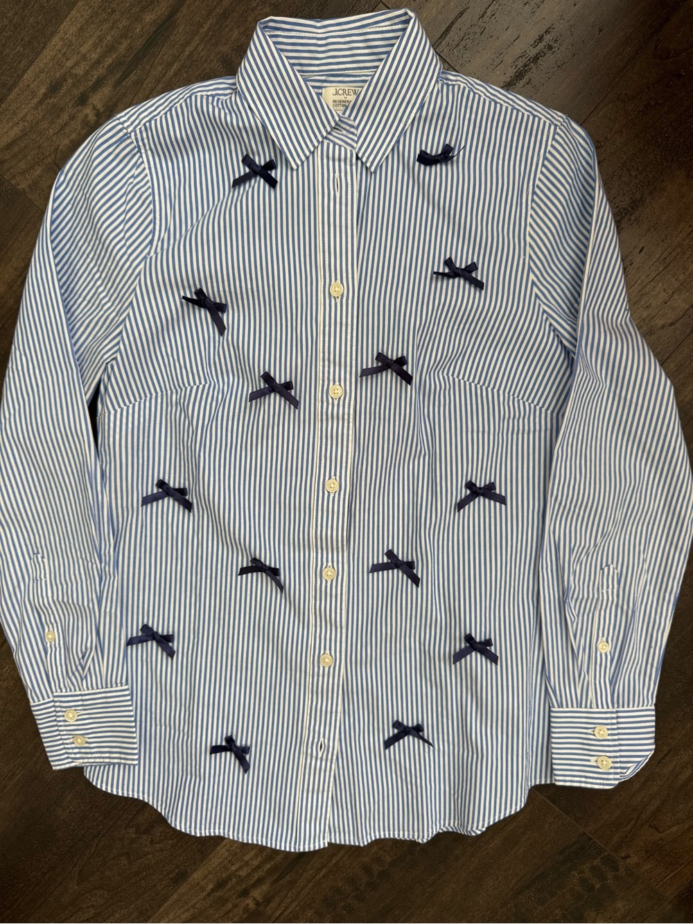 J.Crew Blue Stripe Bow Button Down Shirt XXS Coquette Preppy Coastal Cotton